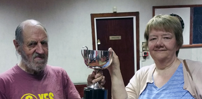 Laurence Wheatley presents cup to Michele Clack